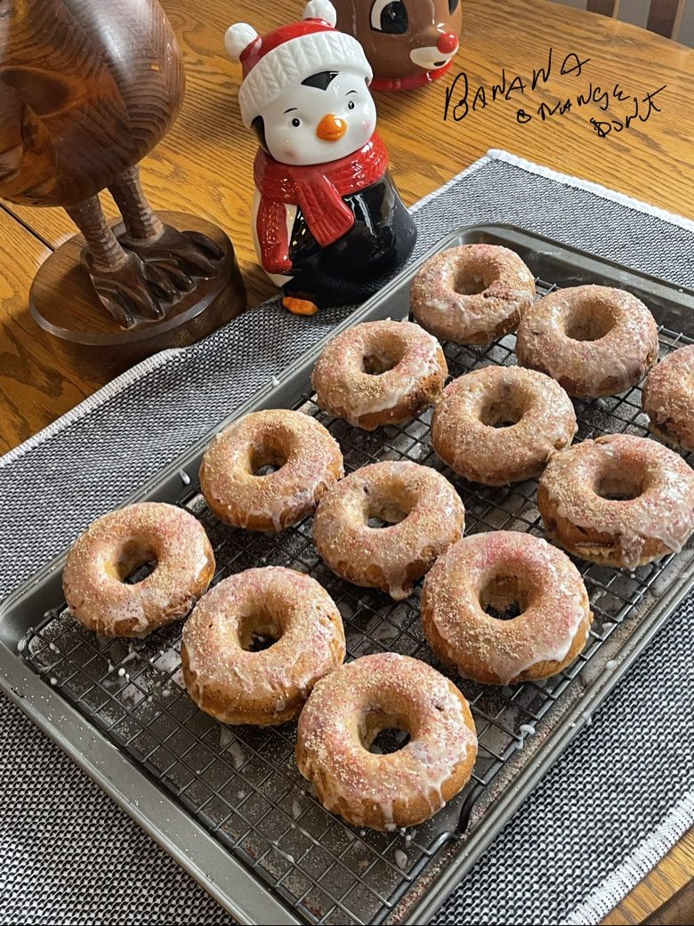 Fresh-baked banana donuts made with the muffin batter