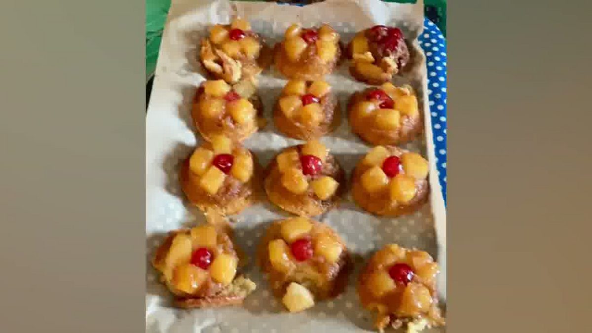 Mini pineapple upside-down cakes shown in Bob's video